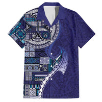 Samoan Siapo Art Tattoo Polynesian Pattern Family Matching Off Shoulder Short Dress and Hawaiian Shirt Navy Color - Polynesian Pride