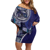 Samoan Siapo Art Tattoo Polynesian Pattern Family Matching Off Shoulder Short Dress and Hawaiian Shirt Navy Color - Polynesian Pride