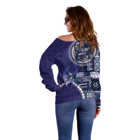 Samoan Siapo Art Tattoo Polynesian Pattern Off Shoulder Sweater Navy Color - Polynesian Pride