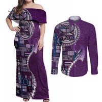 Samoan Siapo Art Tattoo Polynesian Pattern Couples Matching Off Shoulder Maxi Dress and Long Sleeve Button Shirt Purple Color - Polynesian Pride