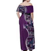 Samoan Siapo Art Tattoo Polynesian Pattern Family Matching Off Shoulder Maxi Dress and Hawaiian Shirt Purple Color - Polynesian Pride