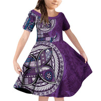 Samoan Siapo Art Tattoo Polynesian Pattern Family Matching Off Shoulder Short Dress and Hawaiian Shirt Purple Color - Polynesian Pride