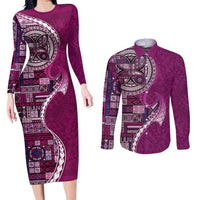 Samoan Siapo Art Tattoo Polynesian Pattern Couples Matching Long Sleeve Bodycon Dress and Long Sleeve Button Shirt Pink Color - Polynesian Pride
