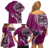 Samoan Siapo Art Tattoo Polynesian Pattern Family Matching Off Shoulder Short Dress and Hawaiian Shirt Pink Color - Polynesian Pride