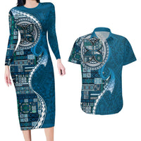 Samoan Siapo Art Tattoo Polynesian Pattern Couples Matching Long Sleeve Bodycon Dress and Hawaiian Shirt Teal Color - Polynesian Pride