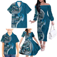 Samoan Siapo Art Tattoo Polynesian Pattern Family Matching Off The Shoulder Long Sleeve Dress and Hawaiian Shirt Teal Color - Polynesian Pride