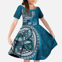 Samoan Siapo Art Tattoo Polynesian Pattern Family Matching Off Shoulder Maxi Dress and Hawaiian Shirt Teal Color - Polynesian Pride