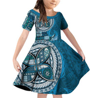 Samoan Siapo Art Tattoo Polynesian Pattern Family Matching Off Shoulder Short Dress and Hawaiian Shirt Teal Color - Polynesian Pride