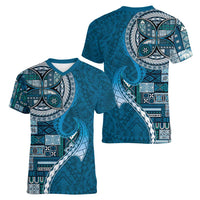 Samoan Siapo Art Tattoo Polynesian Pattern Women V-Neck T-Shirt Teal Color - Polynesian Pride