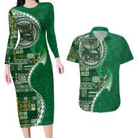 Samoan Siapo Art Tattoo Polynesian Pattern Couples Matching Long Sleeve Bodycon Dress and Hawaiian Shirt Green Color - Polynesian Pride