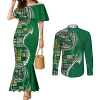 Samoan Siapo Art Tattoo Polynesian Pattern Couples Matching Mermaid Dress and Long Sleeve Button Shirt Green Color - Polynesian Pride