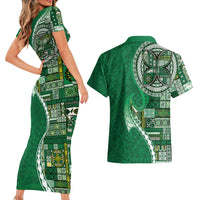 Samoan Siapo Art Tattoo Polynesian Pattern Couples Matching Short Sleeve Bodycon Dress and Hawaiian Shirt Green Color - Polynesian Pride