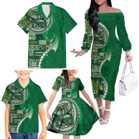 Samoan Siapo Art Tattoo Polynesian Pattern Family Matching Off The Shoulder Long Sleeve Dress and Hawaiian Shirt Green Color - Polynesian Pride