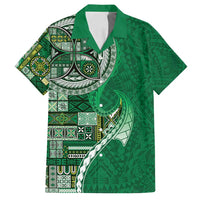 Samoan Siapo Art Tattoo Polynesian Pattern Family Matching Off Shoulder Short Dress and Hawaiian Shirt Green Color - Polynesian Pride