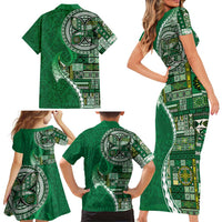 Samoan Siapo Art Tattoo Polynesian Pattern Family Matching Short Sleeve Bodycon Dress and Hawaiian Shirt Green Color - Polynesian Pride