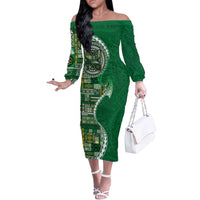 Samoan Siapo Art Tattoo Polynesian Pattern Off The Shoulder Long Sleeve Dress Green Color - Polynesian Pride