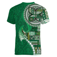 Samoan Siapo Art Tattoo Polynesian Pattern Women V-Neck T-Shirt Green Color - Polynesian Pride