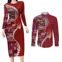 Samoan Siapo Art Tattoo Polynesian Pattern Couples Matching Long Sleeve Bodycon Dress and Long Sleeve Button Shirt Red Color - Polynesian Pride