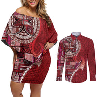 Samoan Siapo Art Tattoo Polynesian Pattern Couples Matching Off Shoulder Short Dress and Long Sleeve Button Shirt Red Color - Polynesian Pride
