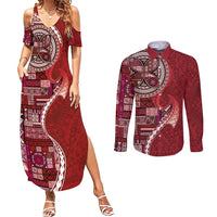 Samoan Siapo Art Tattoo Polynesian Pattern Couples Matching Summer Maxi Dress and Long Sleeve Button Shirt Red Color - Polynesian Pride