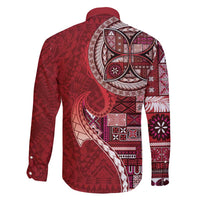 Samoan Siapo Art Tattoo Polynesian Pattern Family Matching Long Sleeve Bodycon Dress and Hawaiian Shirt Red Color - Polynesian Pride