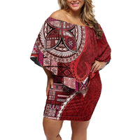 Samoan Siapo Art Tattoo Polynesian Pattern Off Shoulder Short Dress Red Color - Polynesian Pride