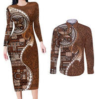 Samoan Siapo Art Tattoo Polynesian Pattern Couples Matching Long Sleeve Bodycon Dress and Long Sleeve Button Shirt Brown Color - Polynesian Pride
