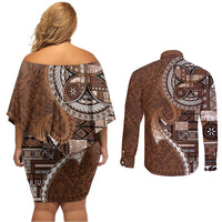 Samoan Siapo Art Tattoo Polynesian Pattern Couples Matching Off Shoulder Short Dress and Long Sleeve Button Shirt Brown Color - Polynesian Pride