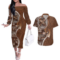 Samoan Siapo Art Tattoo Polynesian Pattern Couples Matching Off The Shoulder Long Sleeve Dress and Hawaiian Shirt Brown Color - Polynesian Pride