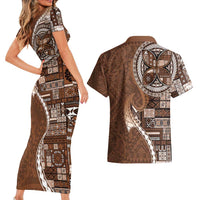 Samoan Siapo Art Tattoo Polynesian Pattern Couples Matching Short Sleeve Bodycon Dress and Hawaiian Shirt Brown Color - Polynesian Pride