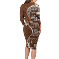 Samoan Siapo Art Tattoo Polynesian Pattern Family Matching Long Sleeve Bodycon Dress and Hawaiian Shirt Brown Color - Polynesian Pride