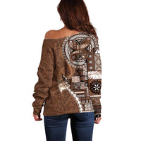 Samoan Siapo Art Tattoo Polynesian Pattern Off Shoulder Sweater Brown Color - Polynesian Pride