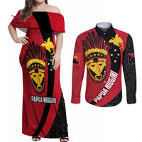 Papua New Guinea Mask Festival Couples Matching Off Shoulder Maxi Dress and Long Sleeve Button Shirt Papua Niugini Tribe Mask Melanesian Pattern