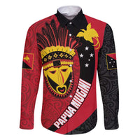 Papua New Guinea Mask Festival Family Matching Mermaid Dress and Hawaiian Shirt Papua Niugini Tribe Mask Melanesian Pattern LT03 Dad's Shirt - Long Sleeve Red - Polynesian Pride