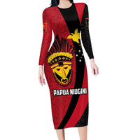 Papua New Guinea Mask Festival Long Sleeve Bodycon Dress Papua Niugini Tribe Mask Melanesian Pattern LT03 Long Dress Red - Polynesian Pride