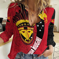 Papua New Guinea Mask Festival Women Casual Shirt Papua Niugini Tribe Mask Melanesian Pattern LT03 Female Red - Polynesian Pride
