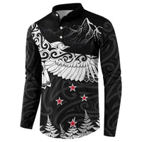 New Zealand Kea Bird Button Sweatshirt Maori Tattoo and Silver Fern Black Color