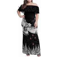 New Zealand Kea Bird Family Matching Off Shoulder Maxi Dress and Hawaiian Shirt Maori Tattoo and Silver Fern Black Color