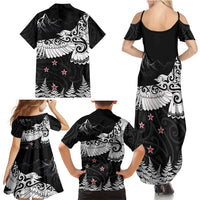 New Zealand Kea Bird Family Matching Summer Maxi Dress and Hawaiian Shirt Maori Tattoo and Silver Fern Black Color LT03 - Polynesian Pride