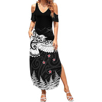 New Zealand Kea Bird Family Matching Summer Maxi Dress and Hawaiian Shirt Maori Tattoo and Silver Fern Black Color LT03 Mom's Dress Black - Polynesian Pride