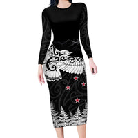 New Zealand Kea Bird Long Sleeve Bodycon Dress Maori Tattoo and Silver Fern Black Color LT03 Long Dress Black - Polynesian Pride