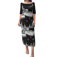 New Zealand Kea Bird Puletasi Maori Tattoo and Silver Fern Black Color LT03 Long Dress Black - Polynesian Pride