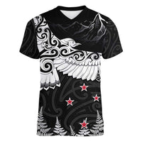 New Zealand Kea Bird Women V-Neck T-Shirt Maori Tattoo and Silver Fern Black Color LT03 Female Black - Polynesian Pride