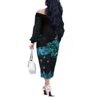 New Zealand Kea Bird Off The Shoulder Long Sleeve Dress Maori Tattoo and Silver Fern Paua Shell Style