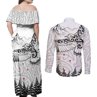 New Zealand Kea Bird Couples Matching Off Shoulder Maxi Dress and Long Sleeve Button Shirt Maori Tattoo and Silver Fern White Color