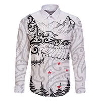 New Zealand Kea Bird Family Matching Long Sleeve Bodycon Dress and Hawaiian Shirt Maori Tattoo and Silver Fern White Color LT03 Dad's Shirt - Long Sleeve White - Polynesian Pride