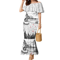 New Zealand Kea Bird Family Matching Mermaid Dress and Hawaiian Shirt Maori Tattoo and Silver Fern White Color LT03 Mom's Dress White - Polynesian Pride