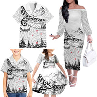 New Zealand Kea Bird Family Matching Off The Shoulder Long Sleeve Dress and Hawaiian Shirt Maori Tattoo and Silver Fern White Color