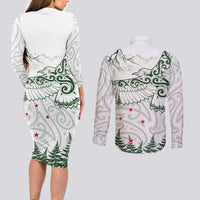 New Zealand Kea Bird Couples Matching Long Sleeve Bodycon Dress and Long Sleeve Button Shirt Maori Tattoo and Silver Fern Green Color