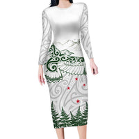 New Zealand Kea Bird Family Matching Long Sleeve Bodycon Dress and Hawaiian Shirt Maori Tattoo and Silver Fern Green Color LT03 Mom's Dress White - Polynesian Pride